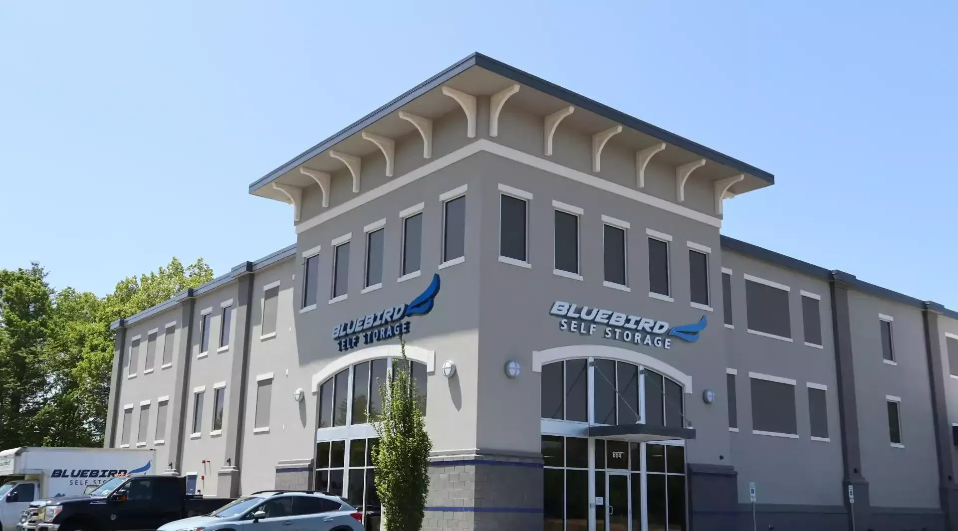 Exterior view of Bluebird Self Storage in Hampstead, NH.