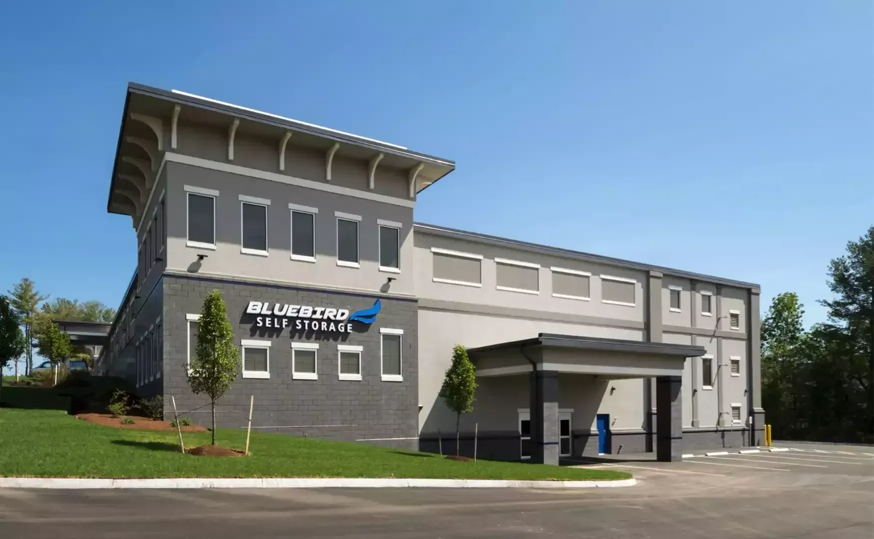 Exterior view of Bluebird Self Storage in Bedford, NH.