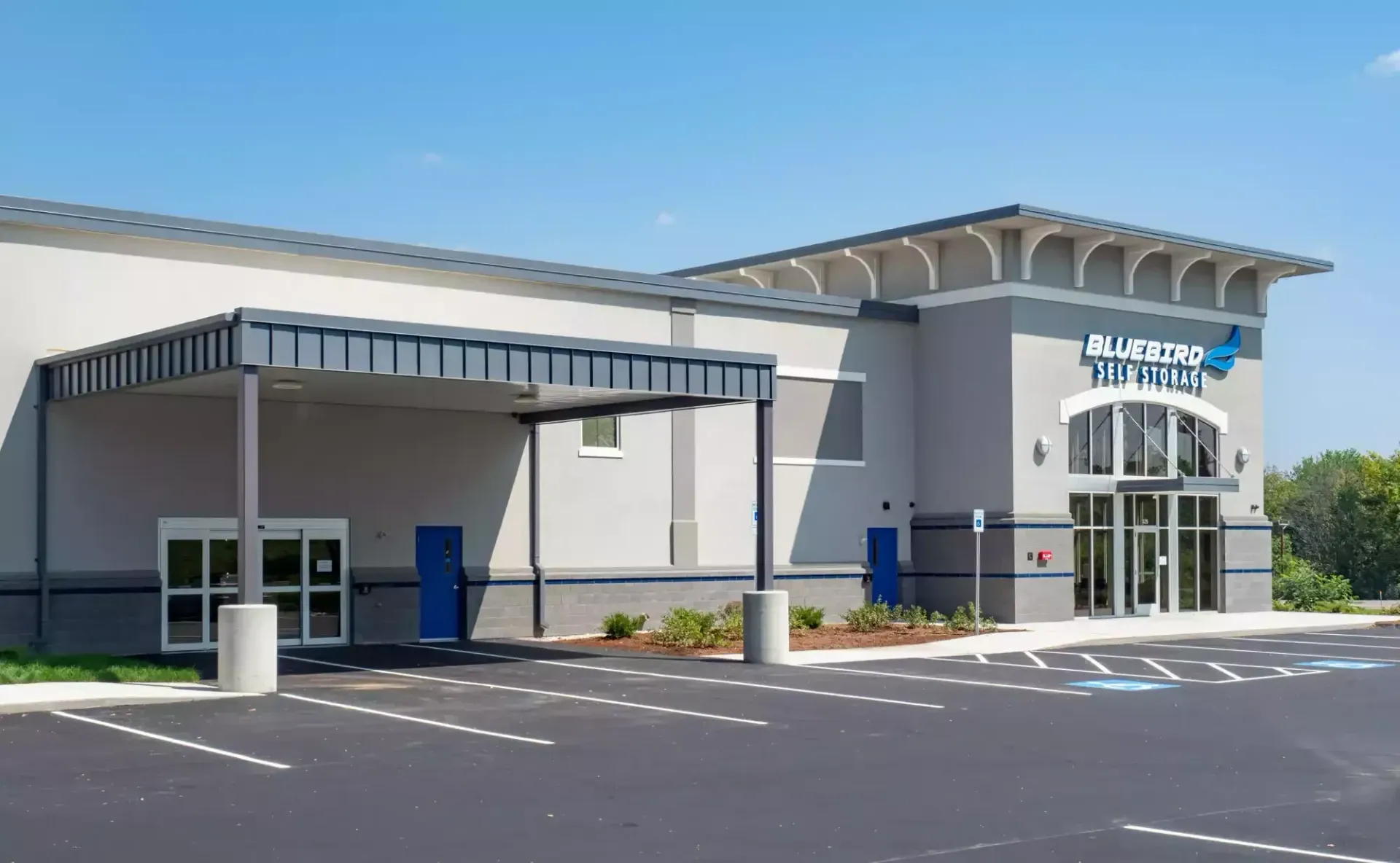 Exterior view of Bluebird Self Storage in Greenland, NH.